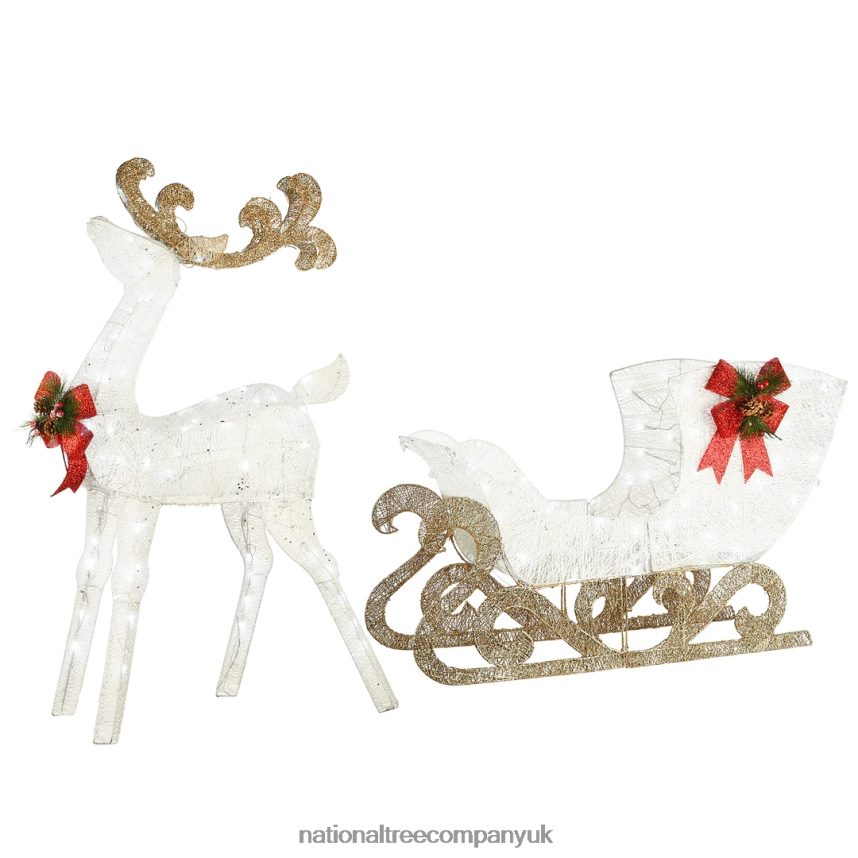 decoration | National Tree Company Pre Lit Sisal Reindeer and Sleigh Decoration Cool White LED Lights Plug In Christmas Collection 48 Inches F2L4F621
